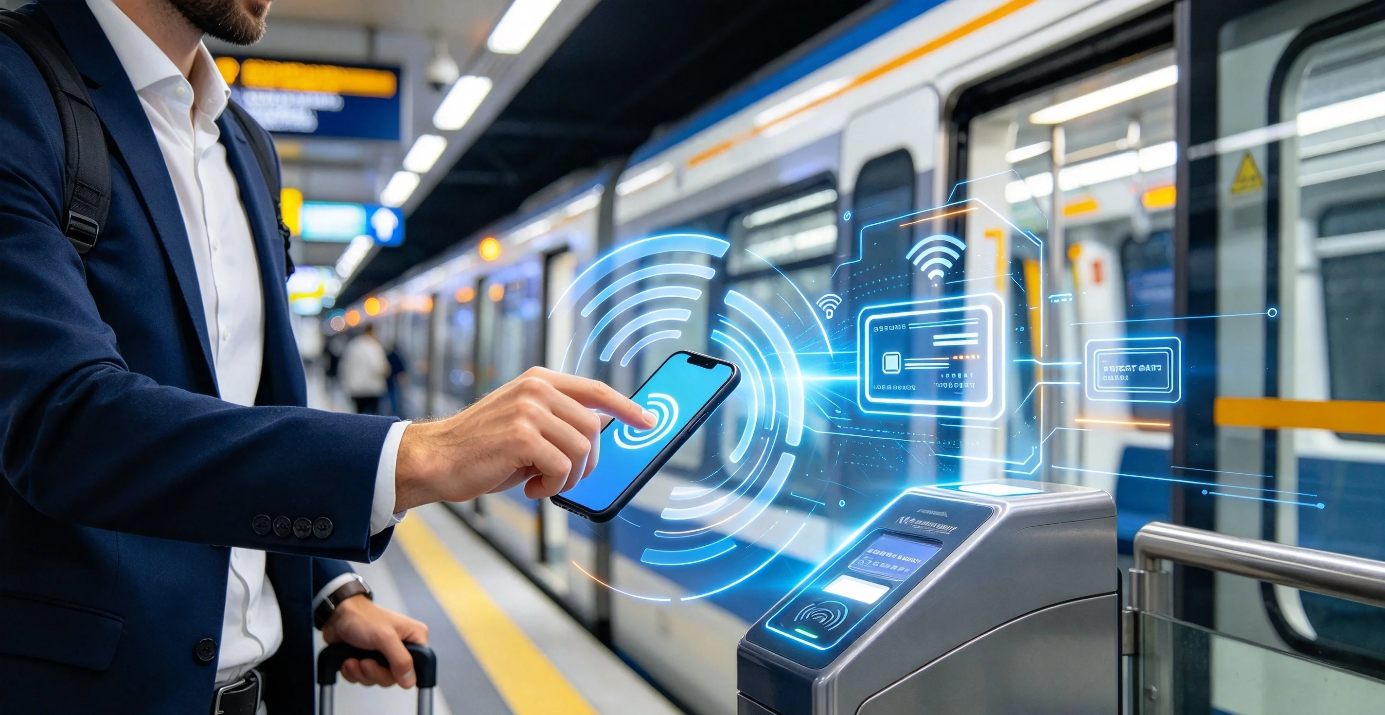 A traveller holding a phone against a ticket gate at a city metro station with a train waiting behind