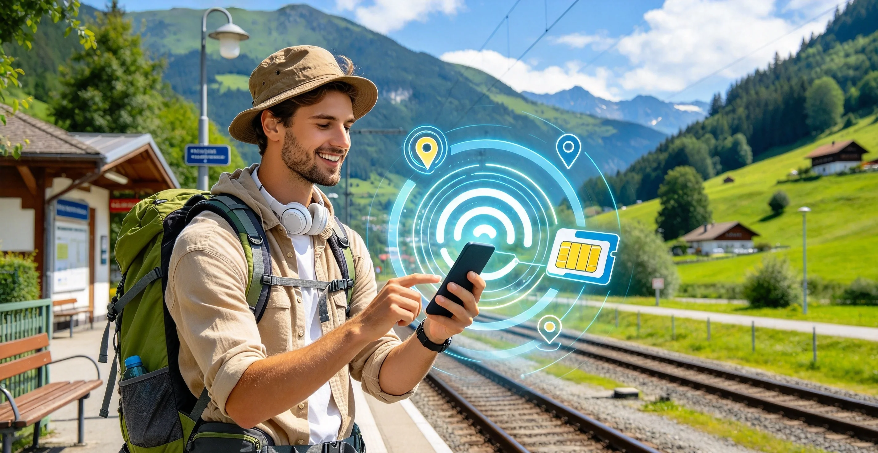 Wanderer prüft einen eSIM-Datentarif auf dem Smartphone in den amerikanischen Bergen