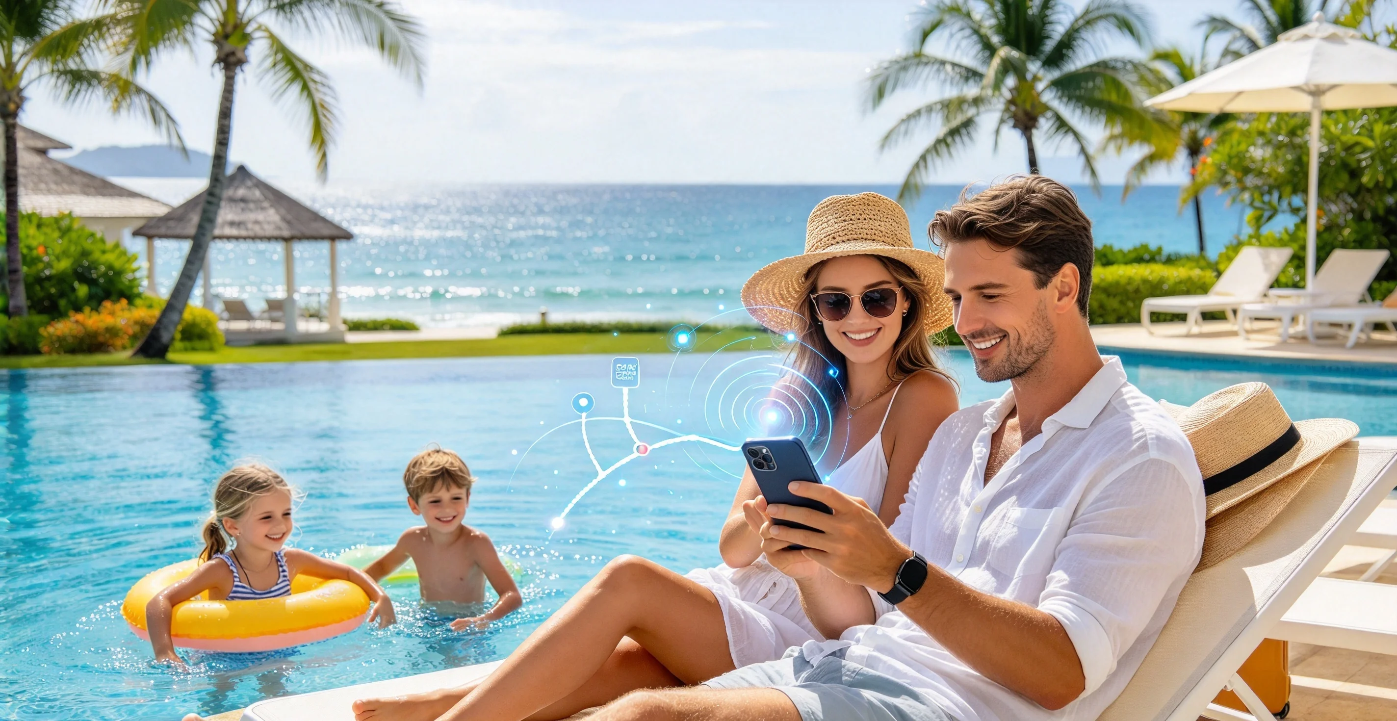Reisende vergleicht eSIM-Tarife am Pool einer Ferienanlage in Ozeanien