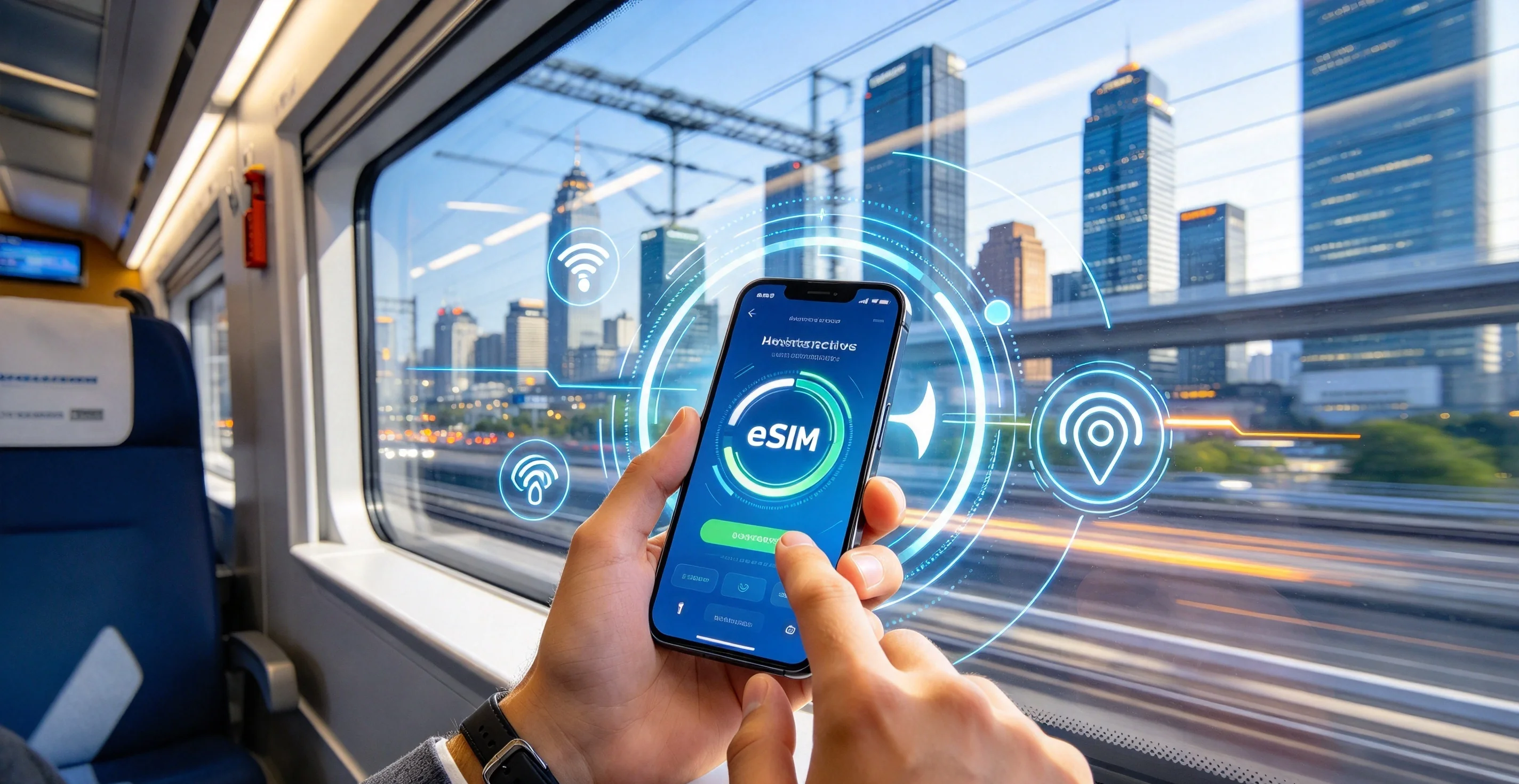 Smartphone mit eSIM-Datentarif vor der dichten Skyline einer asiatischen Stadt