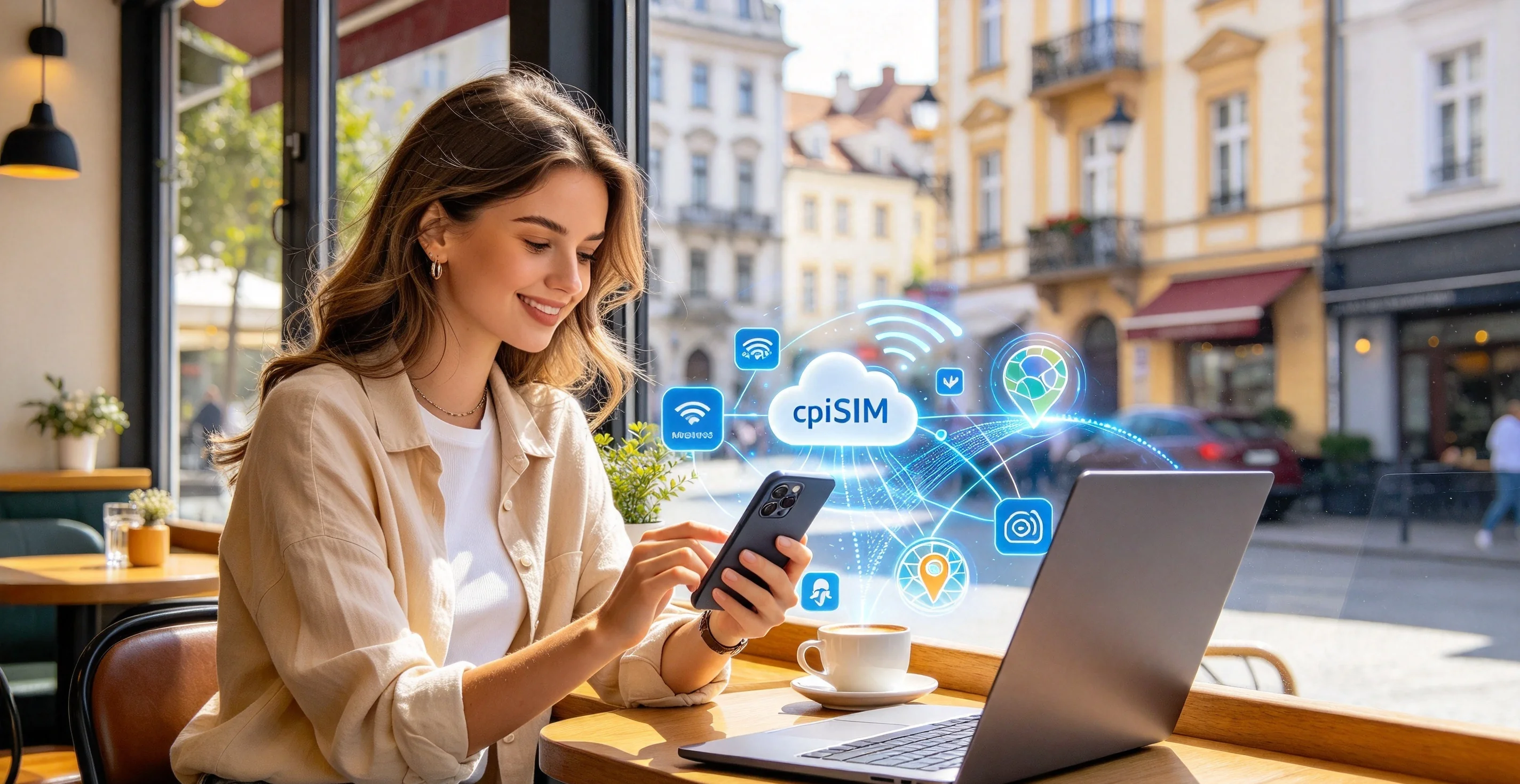 A traveller checking a United States eSIM on a phone in an airport arrivals hall with a city skyline behind the windows