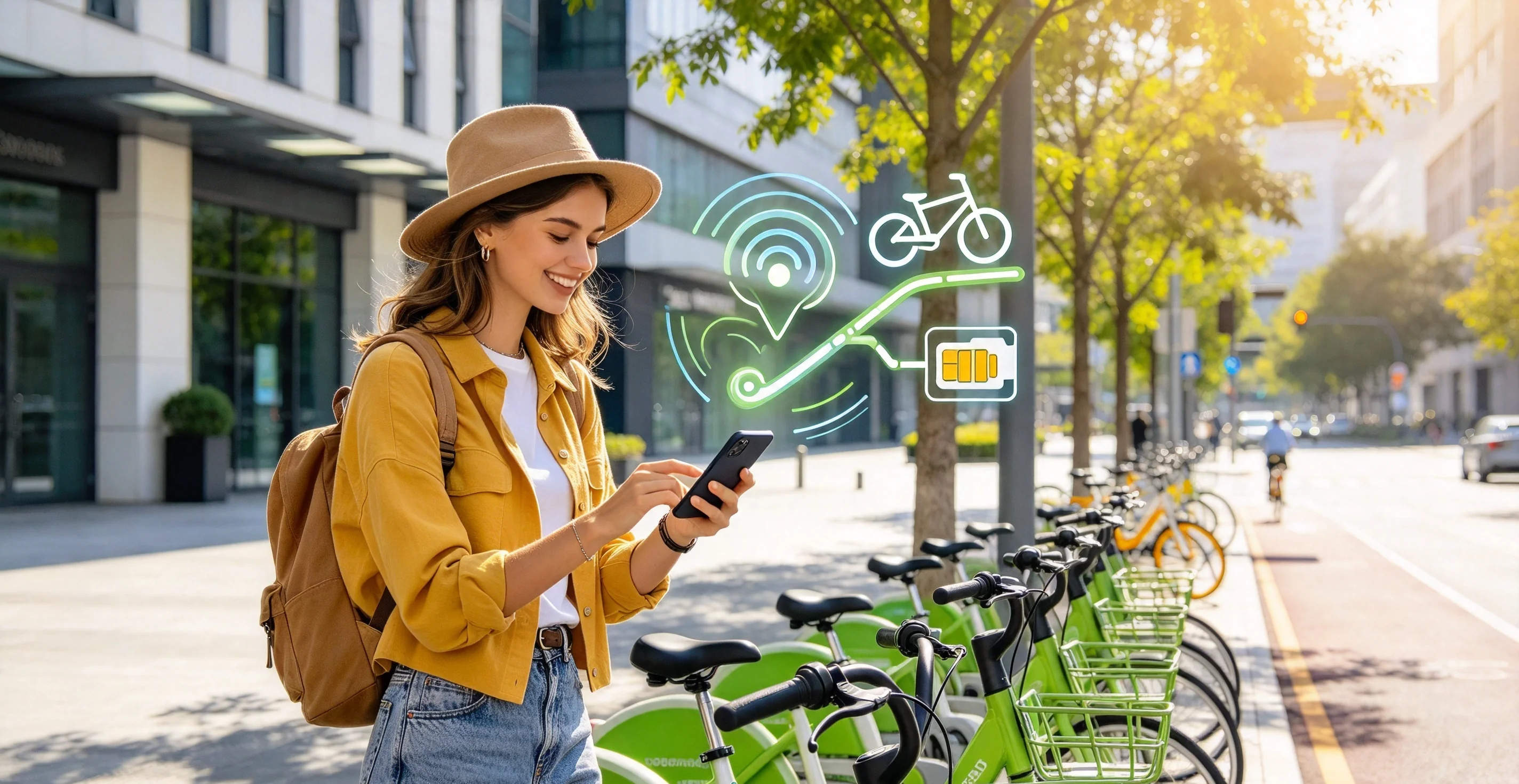 A traveler holding a phone beside an oversized SIM chip and signal bars — the idea behind an embedded travel eSIM